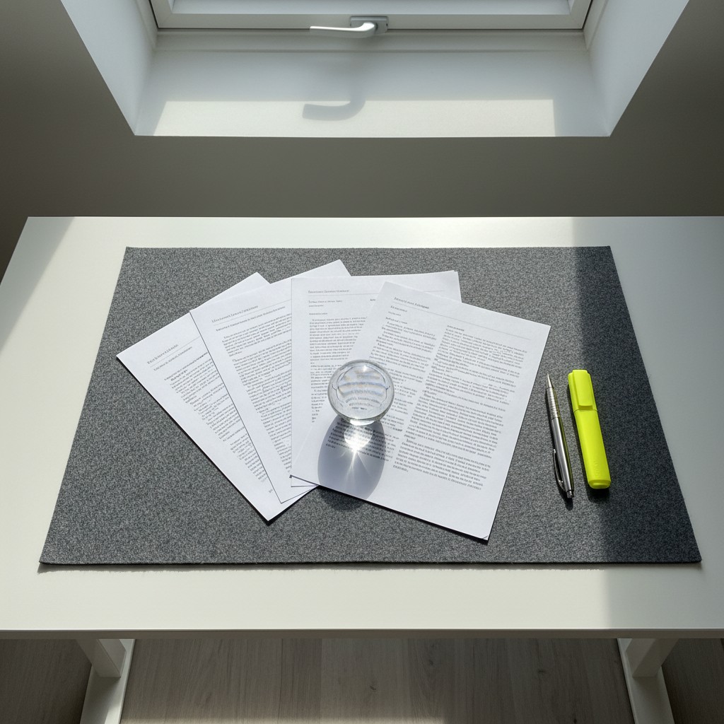 Blank desk in a well-lit office, top view, document, glass magnifying glass, and a pen filed off to one side.