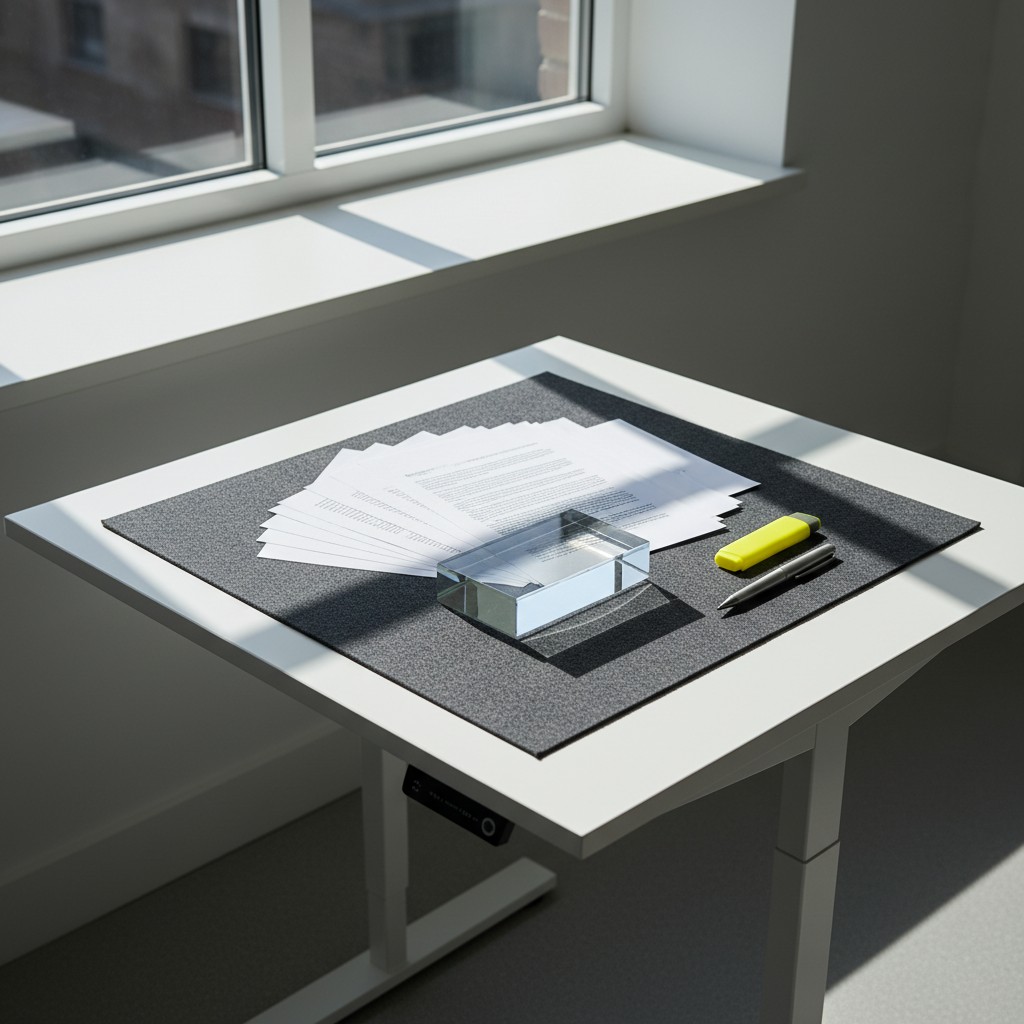 A minimalist desk setup in a room with natural light streaming in from a large window.