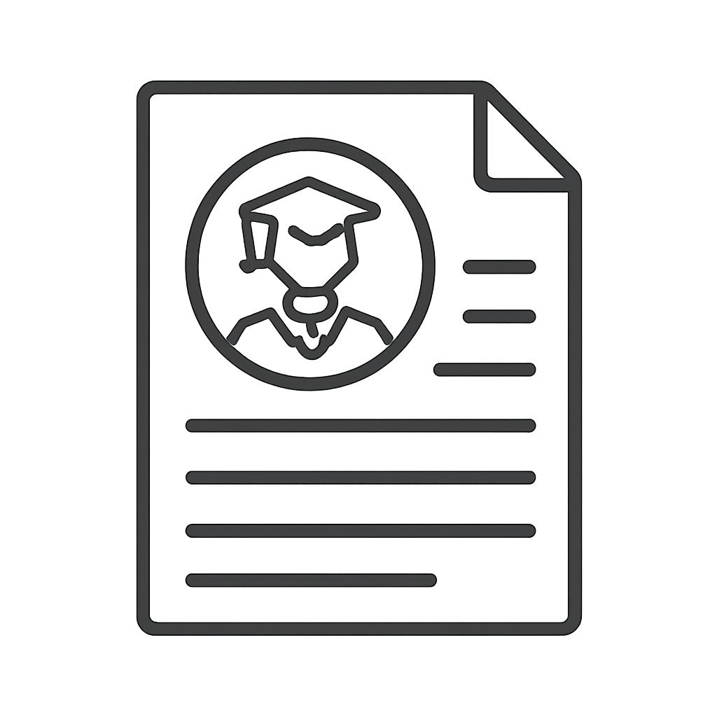 Document icon with line illustration of graduation cap, document outline